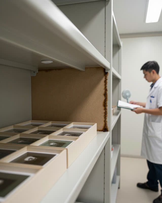 A precise medium-tension challenge in a photographic negative storage room during a humid afternoon. Along one matte she