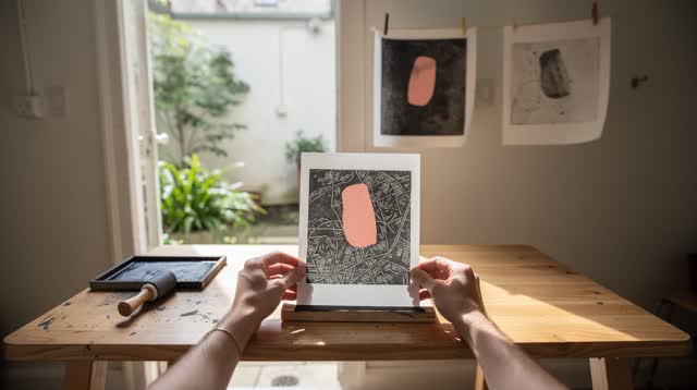 A lucid first-person self-portrait in a small woodblock print studio opening onto a bright courtyard. A printer stands a