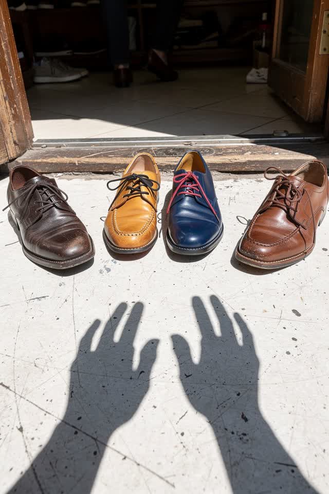 A bright playful image at the open front of a small cobbler's shop in hard midday sun. Five ordinary repaired shoes stan