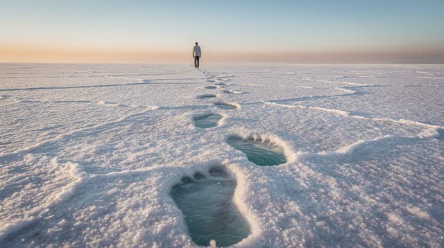 A buoyant first-person dream across broad pale salt flats in clear late-afternoon air. A trail of ordinary human footpri