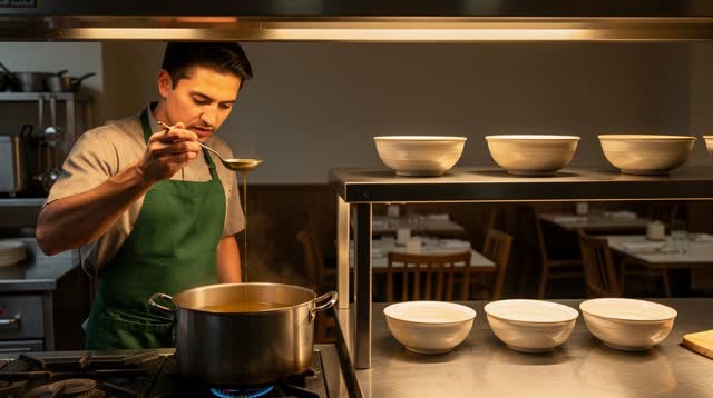 A lucid first-person self-portrait in a compact restaurant kitchen shortly before evening service. One cook stands natur
