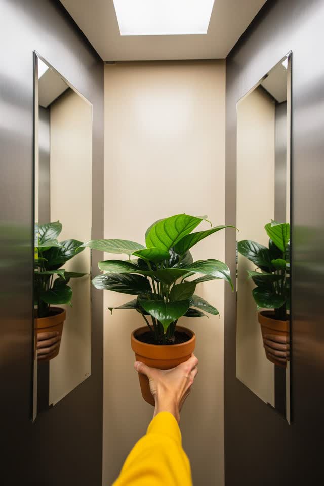 A bright playful image inside a clean apartment elevator with two mirrored side panels set at shallow angles. One ordina