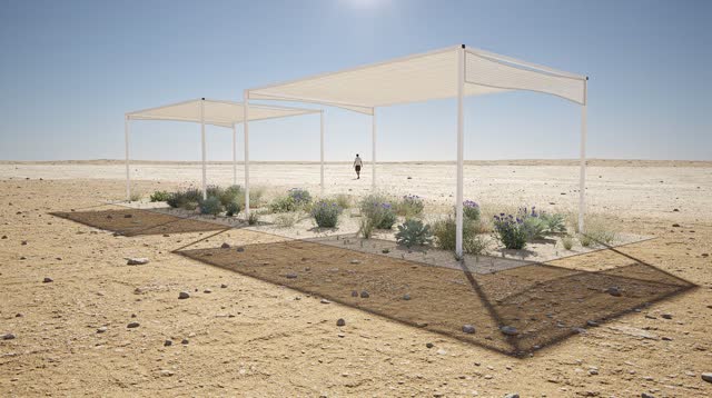 A buoyant first-person dream along a dry desert footpath beneath three simple white shade structures at high noon. The s