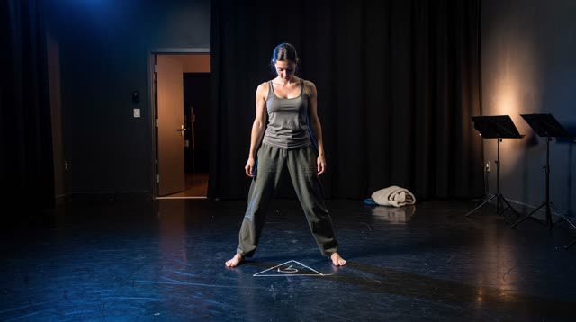A lucid first-person self-portrait in a small black-box dance studio moments before rehearsal. One dancer stands fully v