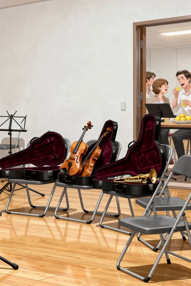 A bright playful image in a rehearsal room during a cheerful break. Several ordinary open instrument cases have been pla