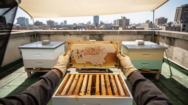 A lucid first-person self-portrait at a small shaded rooftop apiary above a dense city. One beekeeper stands naturally b