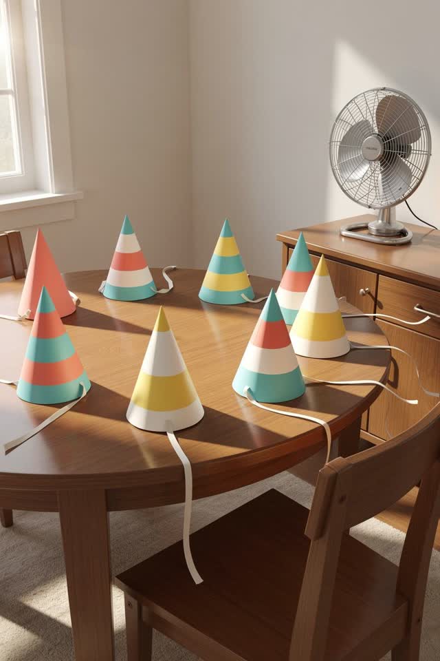 A bright playful image in a simple dining room moments before a birthday gathering. Seven lightweight painted-paper part