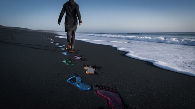 A buoyant first-person dream on a black volcanic beach at clear blue hour. One solitary traveler walks briskly along the