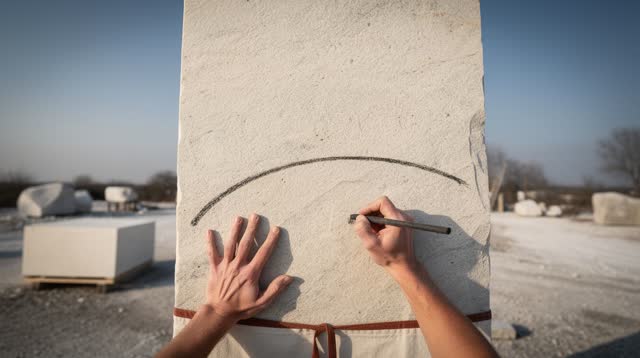 A lucid first-person self-portrait in an open stone-carving yard under hard clear winter sun. One sculptor stands at the
