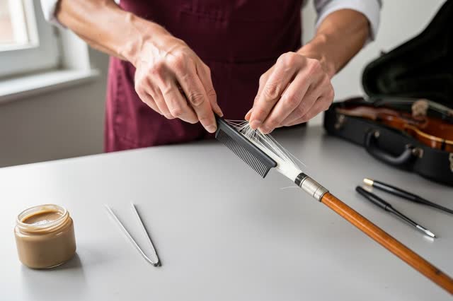 A tender active repair in a violin maker's bright side room. Close lateral view of a craftsperson rehairing one complete