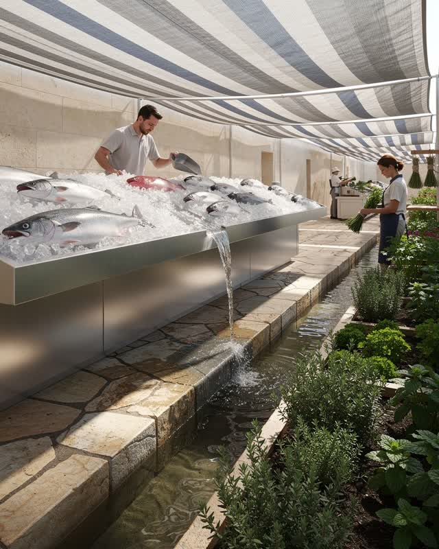 An integrative shaded outdoor fish market beside a narrow culinary herb garden at midday. Clean meltwater from crushed d
