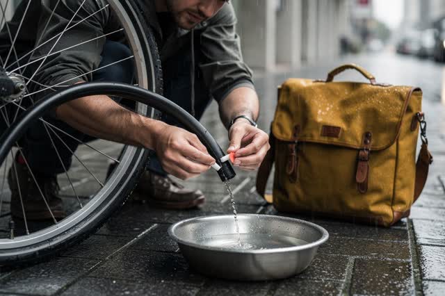 A tender practical repair beneath a covered urban arcade during light rain. A cyclist crouches beside an ordinary bicycl