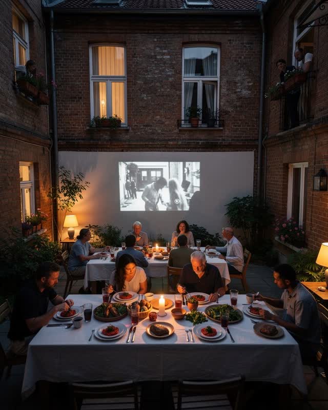 An integrative brick apartment courtyard during a shared neighborhood supper and outdoor film. Long simple tables occupy