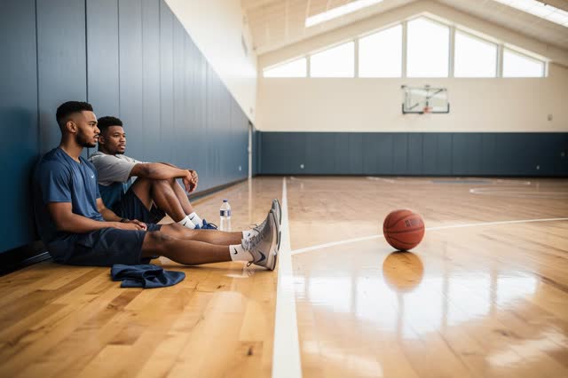 A genuinely quiet image inside a bright indoor basketball court after casual practice. Two players sit comfortably again