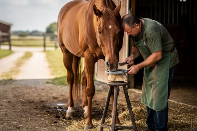 A tender practical repair in a shaded farmyard beside an open stable. A calm chestnut horse stands naturally while a far