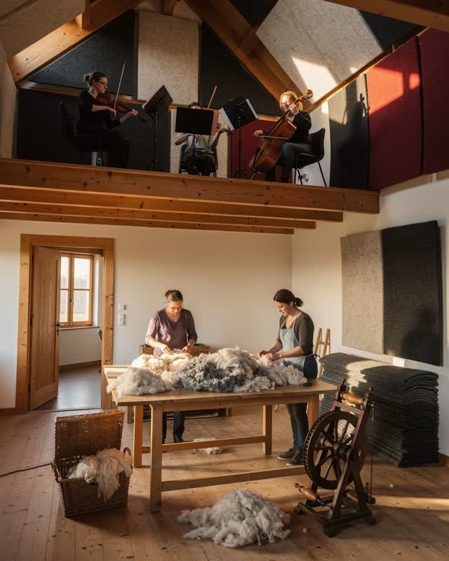 An integrative small wool cooperative with a simple rehearsal loft in soft late-afternoon light. On the lower floor, two
