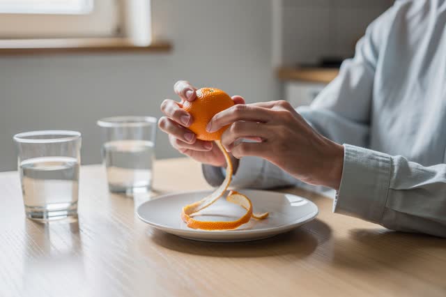 A genuinely quiet image in a small apartment kitchen at midday. One person sits comfortably at a plain light-oak table,