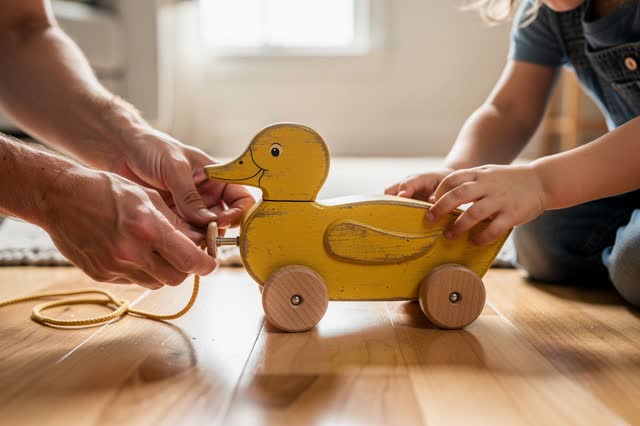 A tender practical repair on the floor of a bright family living room. An adult fits one replacement wooden wheel onto t