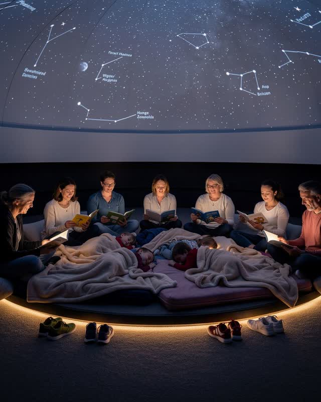 An integrative neighborhood planetarium during a small overnight children's reading event. Caregivers sit naturally with