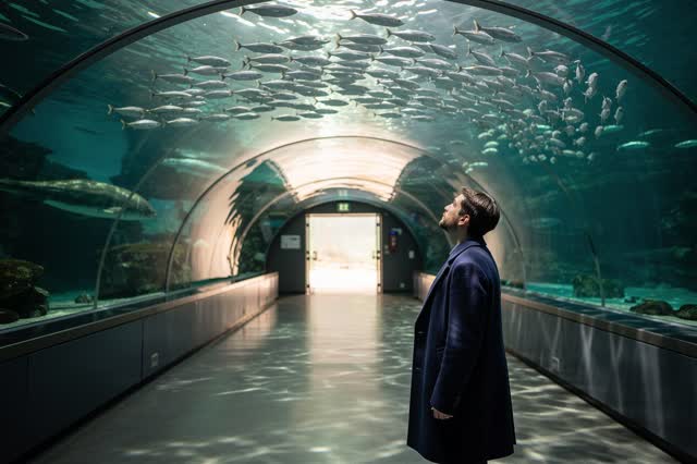 A genuinely quiet image inside a public aquarium tunnel shortly before closing. One visitor in a simple midnight-blue co