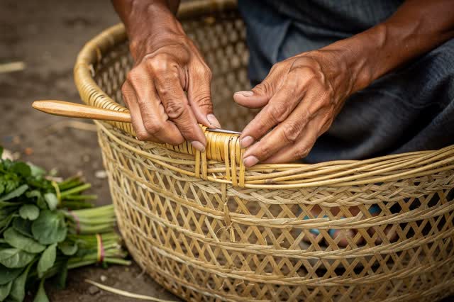 A tender practical repair beneath a shaded produce-market canopy. A basket maker replaces one clearly broken section of