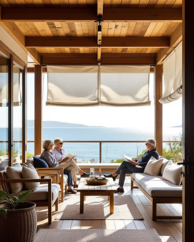 An integrative coastal reading room beneath a shallow outdoor terrace in high afternoon sun. Large retired sailcloth pan