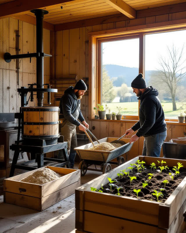 An integrative rural cider house adjoining a modest seed-starting room on a cold clear day. A simple wooden cider press