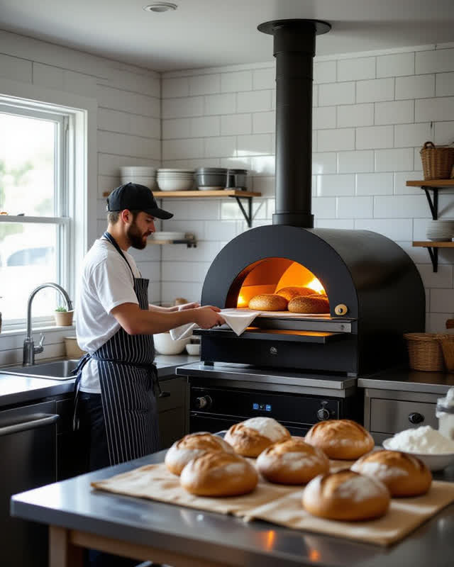 An integrative community bakery in late afternoon. A compact bread oven stands on one side of the room, and a single bro