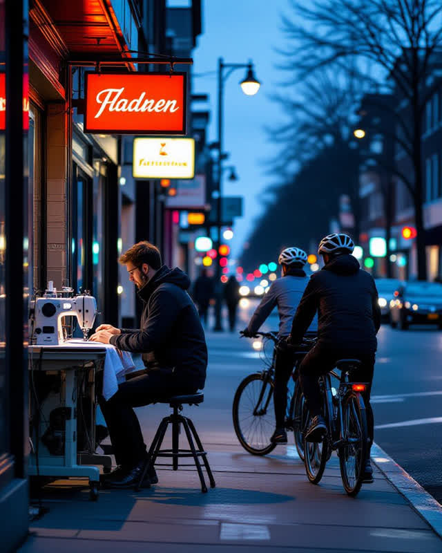 An integrative street scene at blue hour beside a compact neighborhood tailor booth. A tailor uses one plain sewing mach