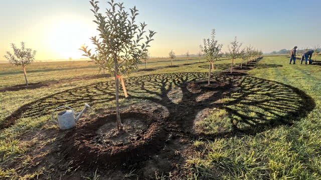 A buoyant first-person dream in a young orchard at clear early morning. A diagonal row of recently planted saplings cros