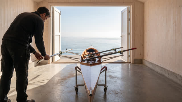 A lucid first-person self-portrait inside a clean coastal rowing shed facing calm morning water. One narrow cedar rowing