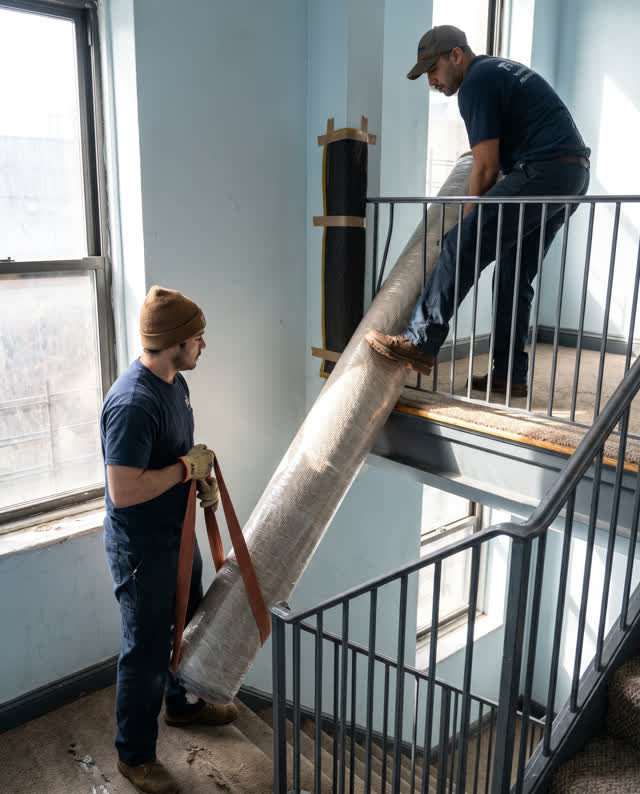 A precise medium-tension challenge on a narrow apartment stair landing in clear daytime. Two movers calmly negotiate one