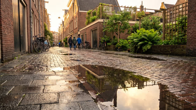 A buoyant first-person dream on a narrow inhabited brick street just after rain. Low street-level view follows several s