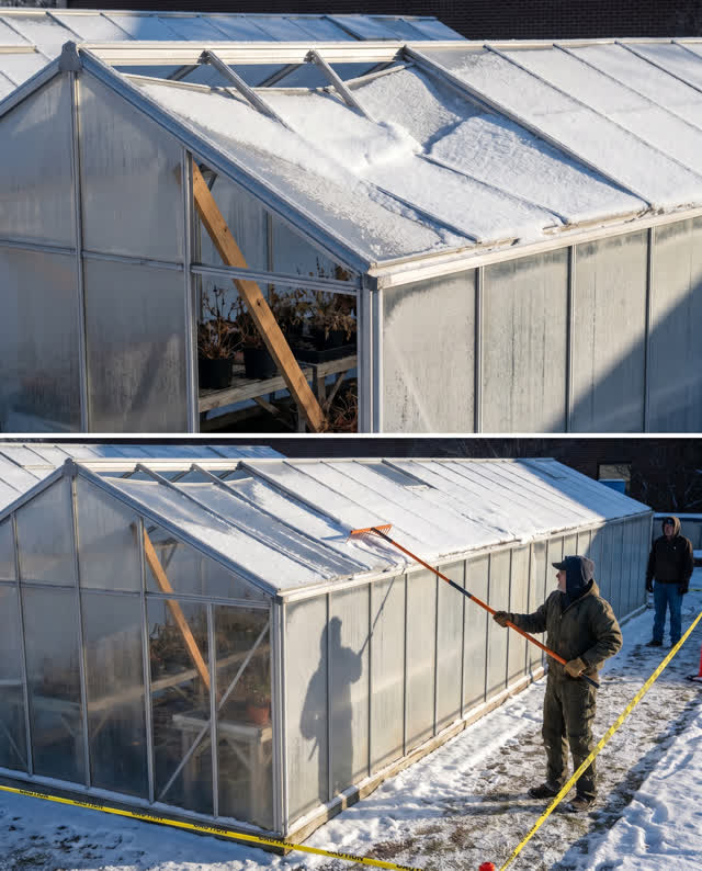 A precise medium-tension challenge outside a small propagation house after overnight snow. One roof bay bows slightly be