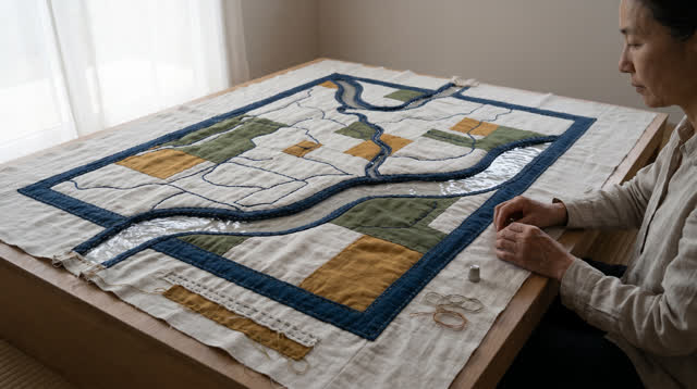A buoyant first-person dream in a bright neutral room at soft dawn. One large hand-sewn map quilt lies flat across a low