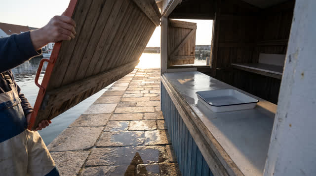 A lucid first-person self-portrait at a small harbor fish stall opening for the morning. One vendor stands naturally at