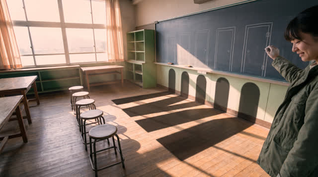A buoyant first-person dream in an empty art classroom just after sunrise. Five simple chalk outlines of doors are drawn