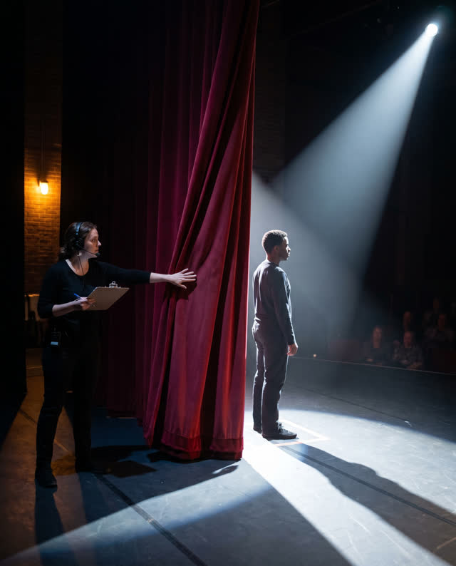 A precise medium-tension scene during a live theater transition. A deep-red curtain is only halfway drawn aside when one