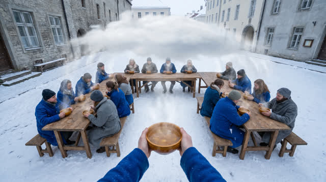 A buoyant first-person dream in a winter public square during a modest shared outdoor supper. People at three simple tab