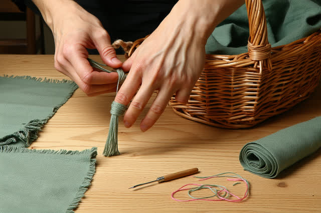 A tender active repair in a sunlit basket maker's room. Close three-quarter view of a craftsperson splicing a broken mar