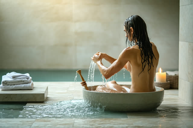 A genuinely quiet image in a simple tiled bathhouse washing room at dawn. One adult sits comfortably on a low stool besi