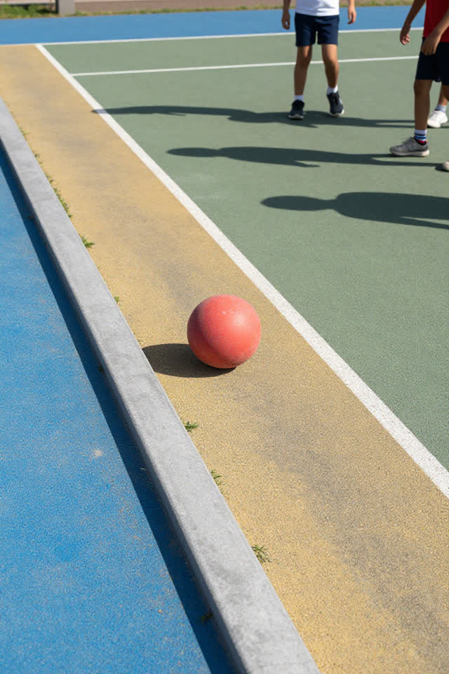 A bright playful image on a painted schoolyard court in direct afternoon sun. A coral-red rubber playground ball appears