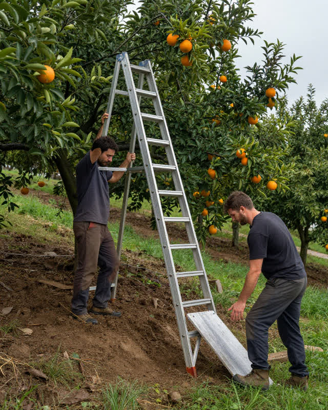 A precise medium-tension challenge in a hillside orchard just after brief rain. A three-legged aluminum picking ladder s