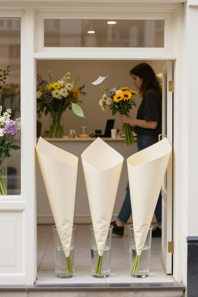 A bright playful image in a small flower shop with its street door open at noon. Three empty cream paper bouquet sleeves
