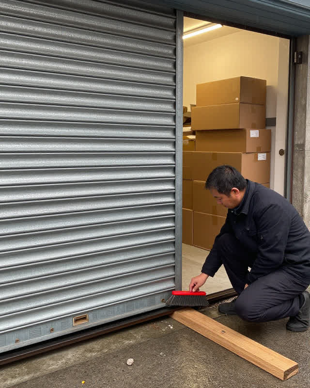A precise medium-tension challenge at a small street shop during a sudden evening shower. A galvanized metal security sh