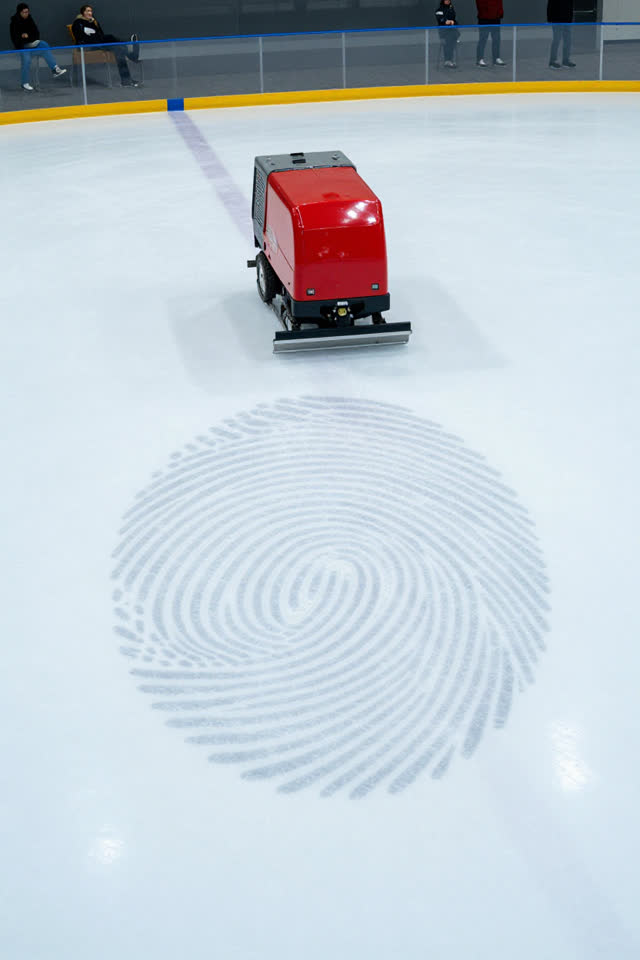 A bright playful image in an indoor ice rink during ordinary resurfacing. High overhead view shows a compact cherry-red