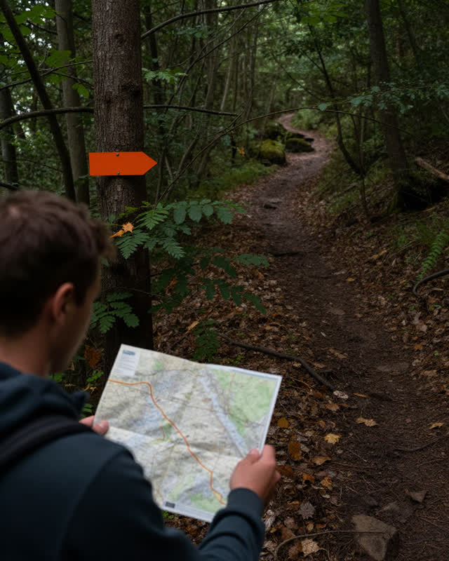 A precise medium-tension challenge at a fork in a deeply shaded forest trail. Over-shoulder view shows one hiker calmly