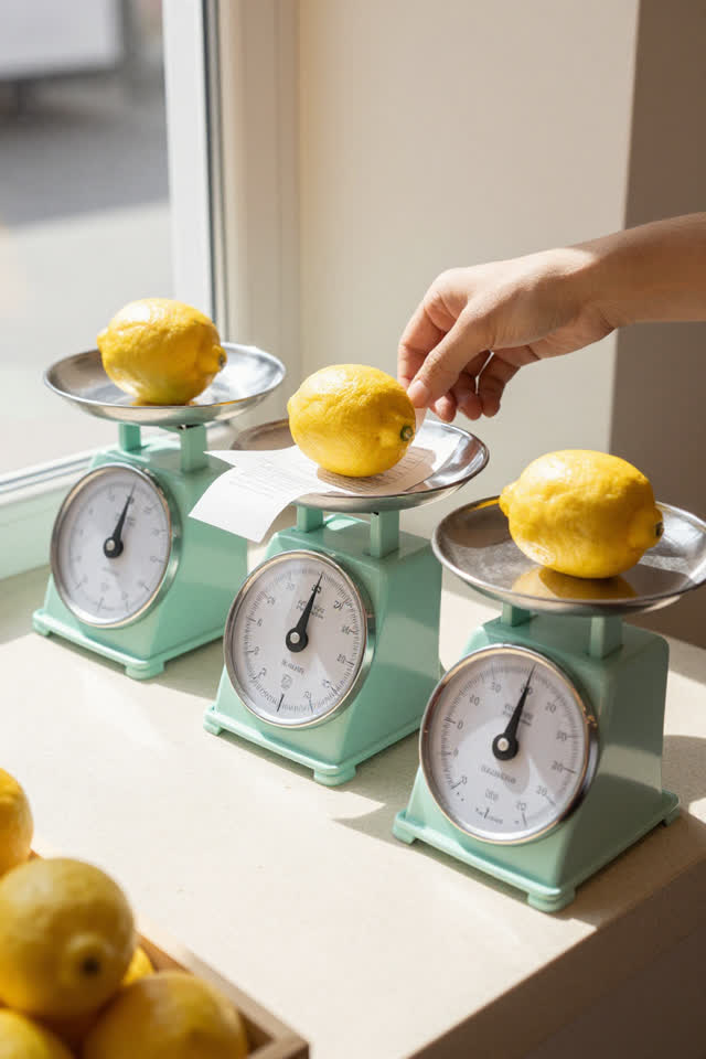 A bright playful image inside a clean neighborhood produce shop. Three small mechanical scales sit in a diagonal row, ea