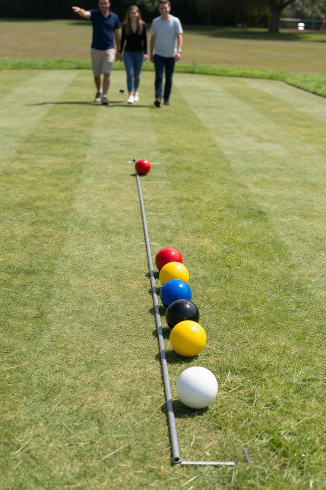 A bright playful image on a gently sloping public croquet lawn under hard summer sun. Five lacquered croquet balls in re