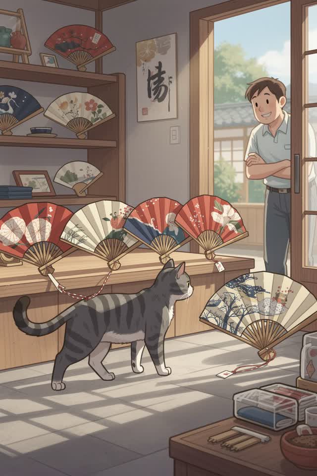 A bright playful image inside a small hand-fan shop in clear afternoon light. One calm shop cat walks along a low wooden